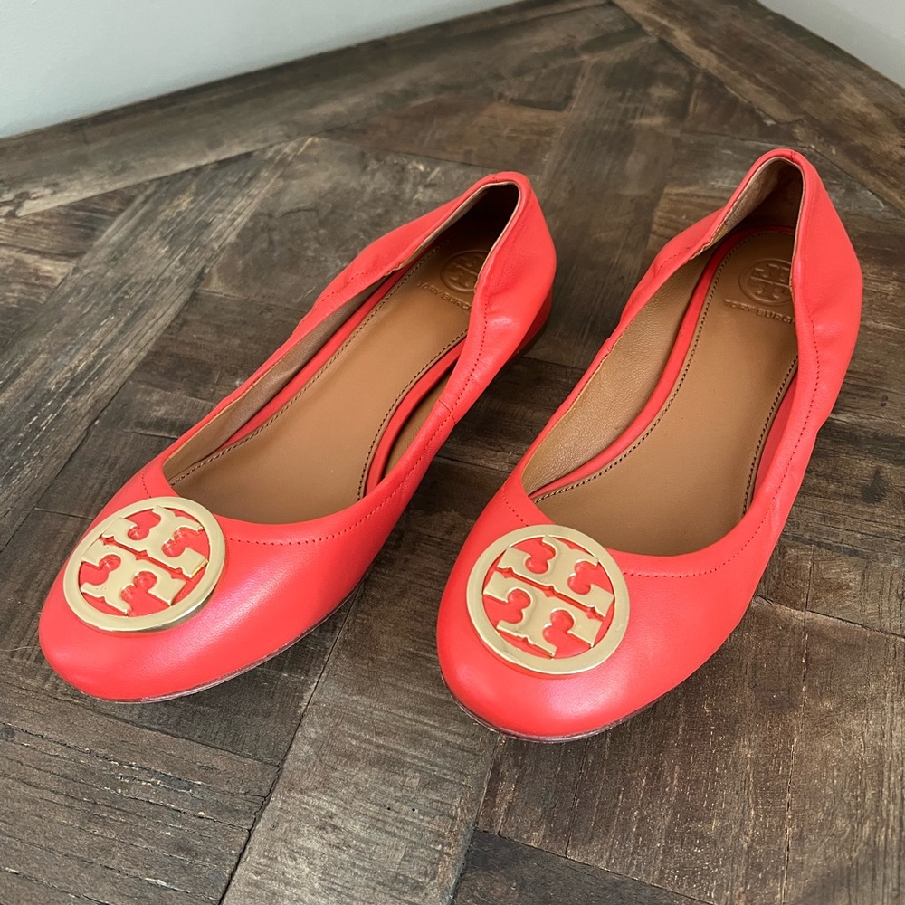 Tory Burch Coral Red Leather Logo Flats